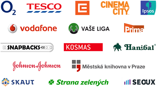 O2, Tesco, ČEZ, Cinema City, Ipsos, Vodafone, Vaše liga, Prima, Snapbacks.cz, Kosmas, Hanibal, Johnson & Johnson, Městská knihovna v Praze, Skaut, Strana zelených, SEOUX